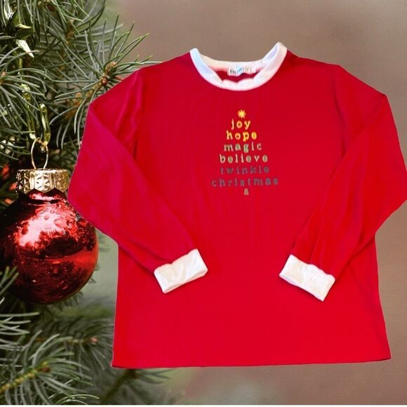 DRESSWEL Red Long Sleeve Christmas Tee w/ White Ribbing at Neck & Wrist - Picture 1 of 3